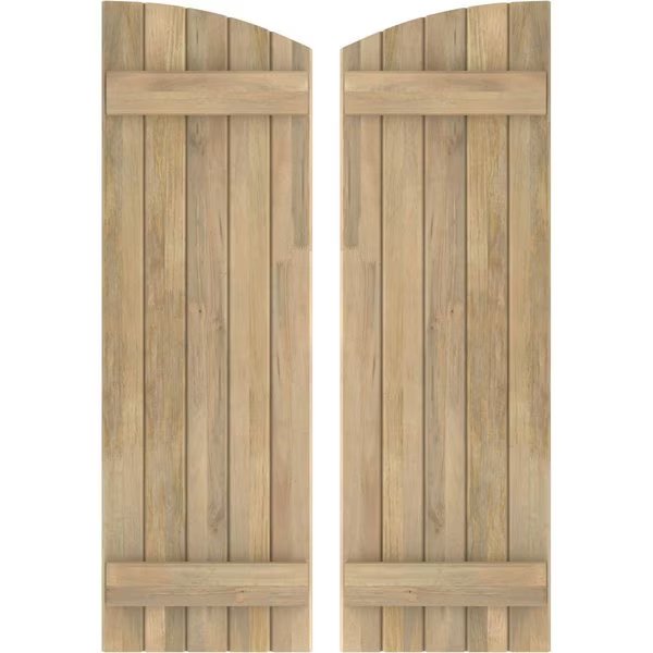 Americraft 5-Board (2 Batten) Wood Joined Board-n-Batten Shutters w/ Ellipt Top, ARW101BE518X34UNH, Ekena Millwork, Mfr#: ARW101BE518X34UNH